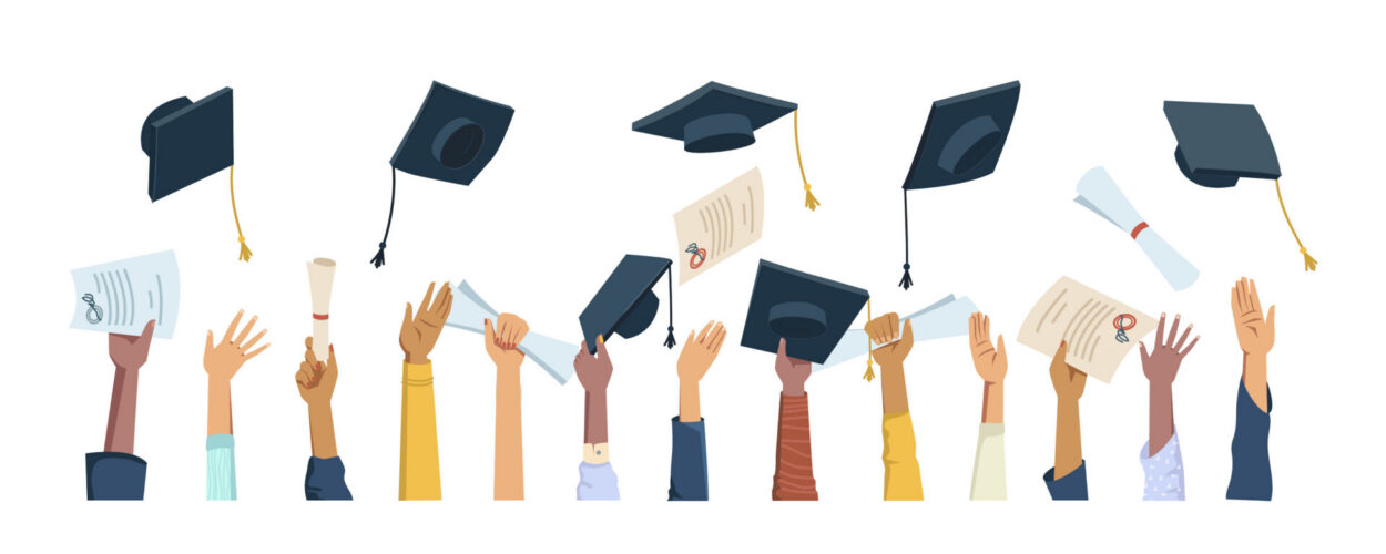 Hände und Zeugnisse Gezeichnete Hände verschiedener ethnischer Herkunft halten Zeugnisse oder werfen Abschlusshüte in die Luft