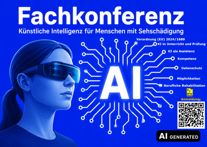 Werbeplakat für die Fachkonferenz 'Künstliche Intelligenz für Menschen mit Sehschädigung' mit Frau in Datenbrille, KI-Schriftzug mit Themenliste (u.a. EU-Verordnung, Unterricht, Datenschutz, Rehabilitation), QR-Code zur Anmeldung und BFW-Düren-Logo