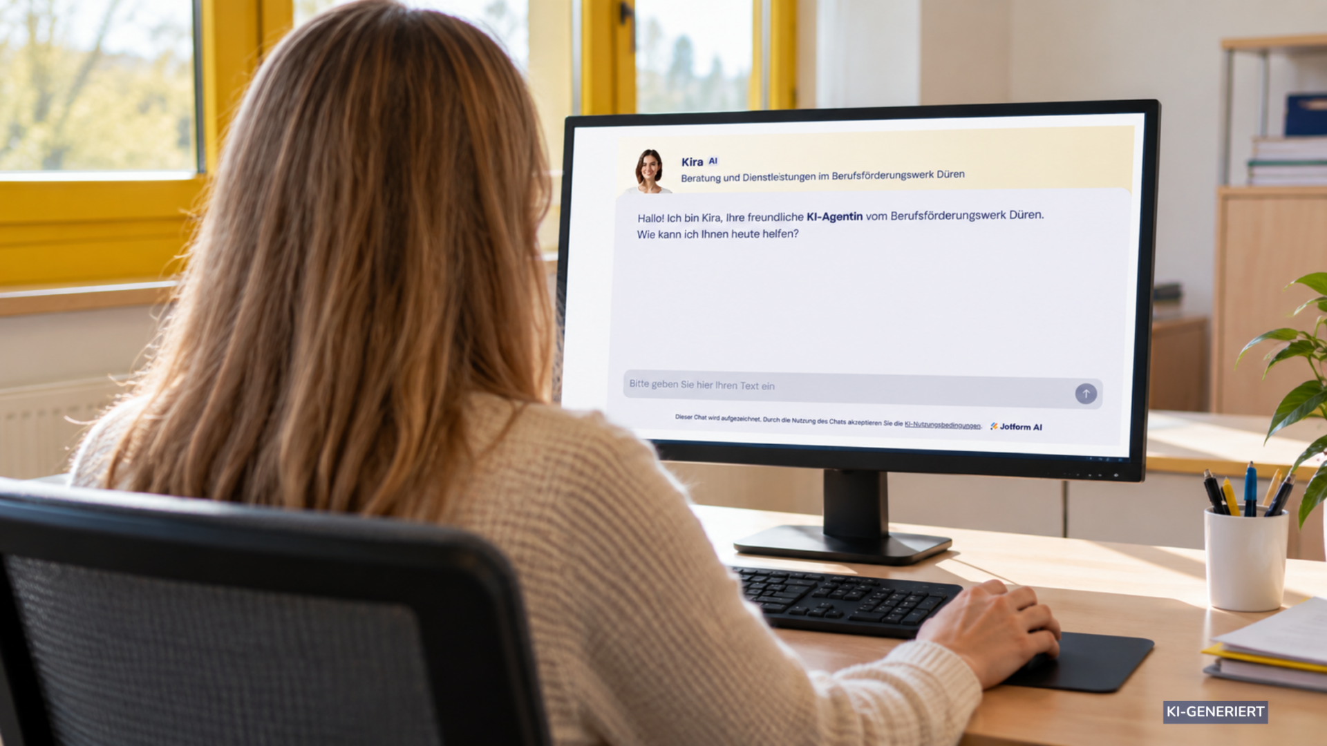 KI-generierte Darstellung einer Person mit langen braunen Haaren, die von hinten an einem Schreibtisch vor einem Computer sitzt. Auf dem Bildschirm ist der KI-Chatbot KIRA des BFW Düren geöffnet. Im Hintergrund sind gelb gerahmte Fenster und helle Büromöbel zu sehen.